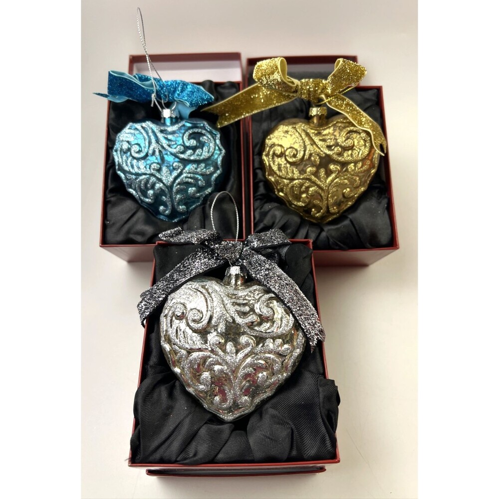 Valerie Parr Hill 3 Glittery Embossed Puffy Heart Shaped Ornaments in Boxes